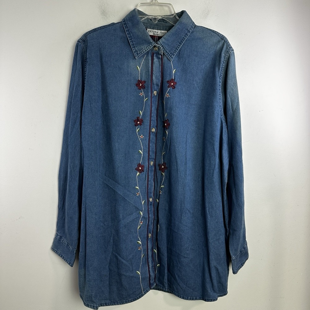 Sz 18 Button Up Shirt Floral Embroidered Denim Blue 100% Cotton Cottage NWT